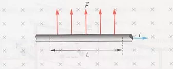 Esquema de la fuerza de un campo uniforme sobre un conductor rectilíneo