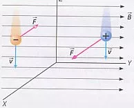 Gráfico de los vectores fuerza y velocidad de una partícula dentro de un campo magnético