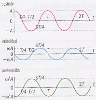 Gráficas de la aceleración, posición y velocidad en función del tiempo